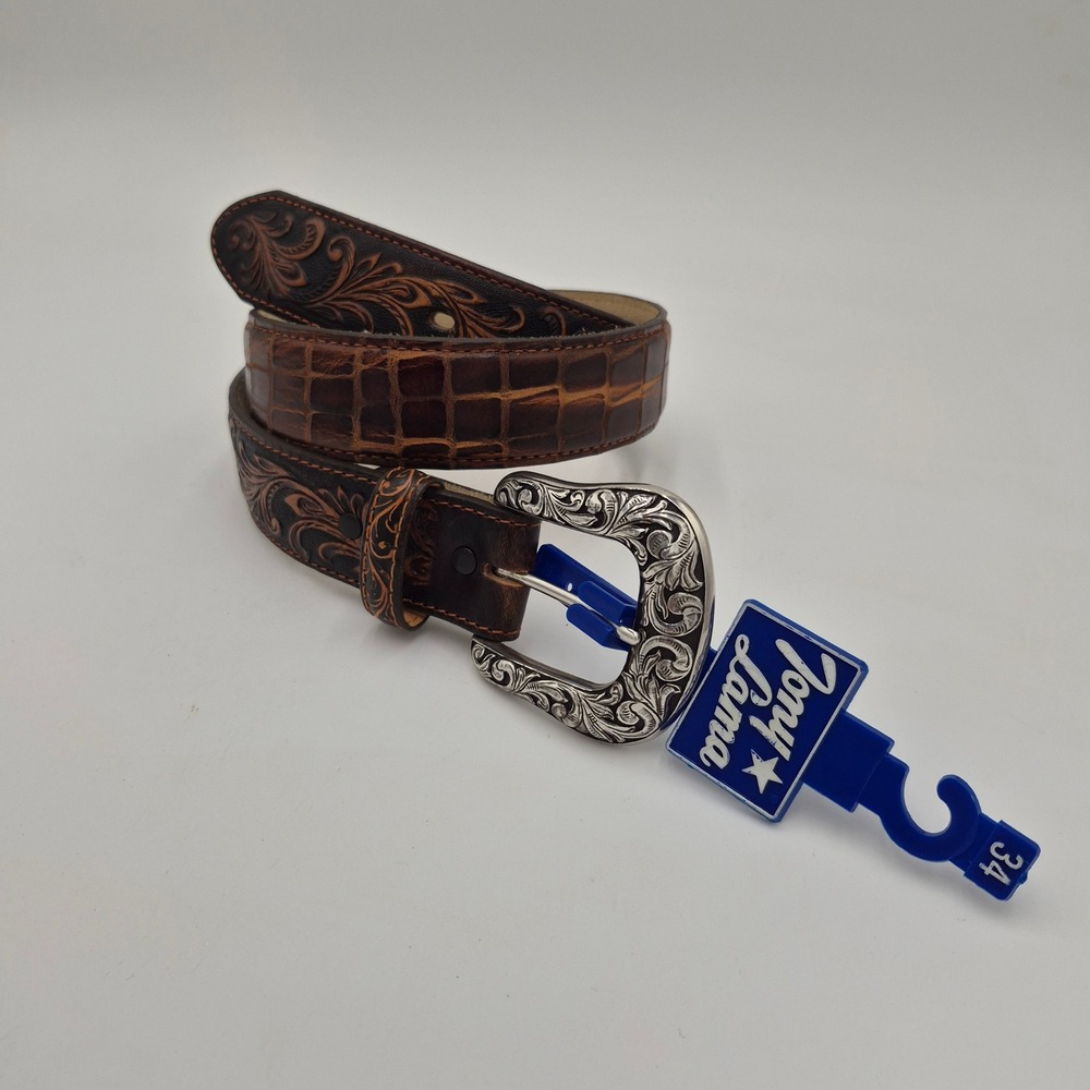 Tony Lama Mens Pinto Classic Brown Leather Tooled Western Belt C42335 Size 34